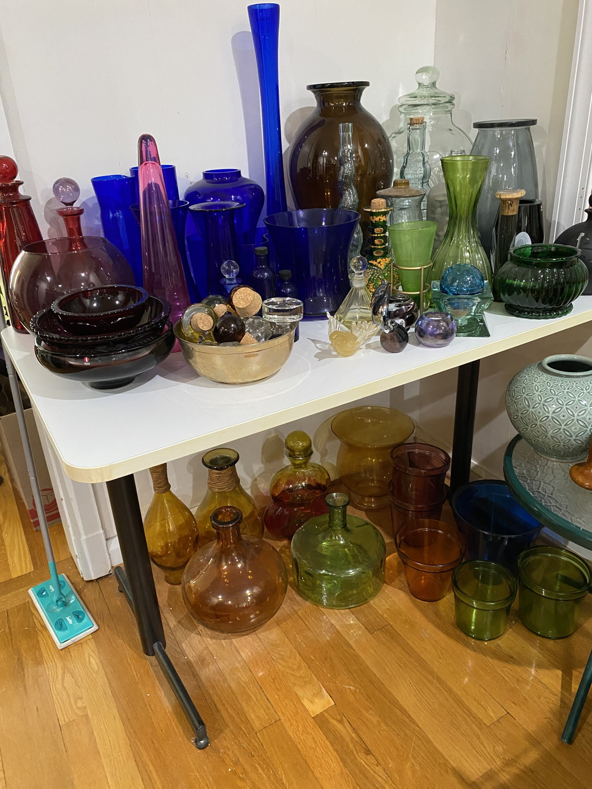 Large Collection Colored Art Glass Vases and Bottles